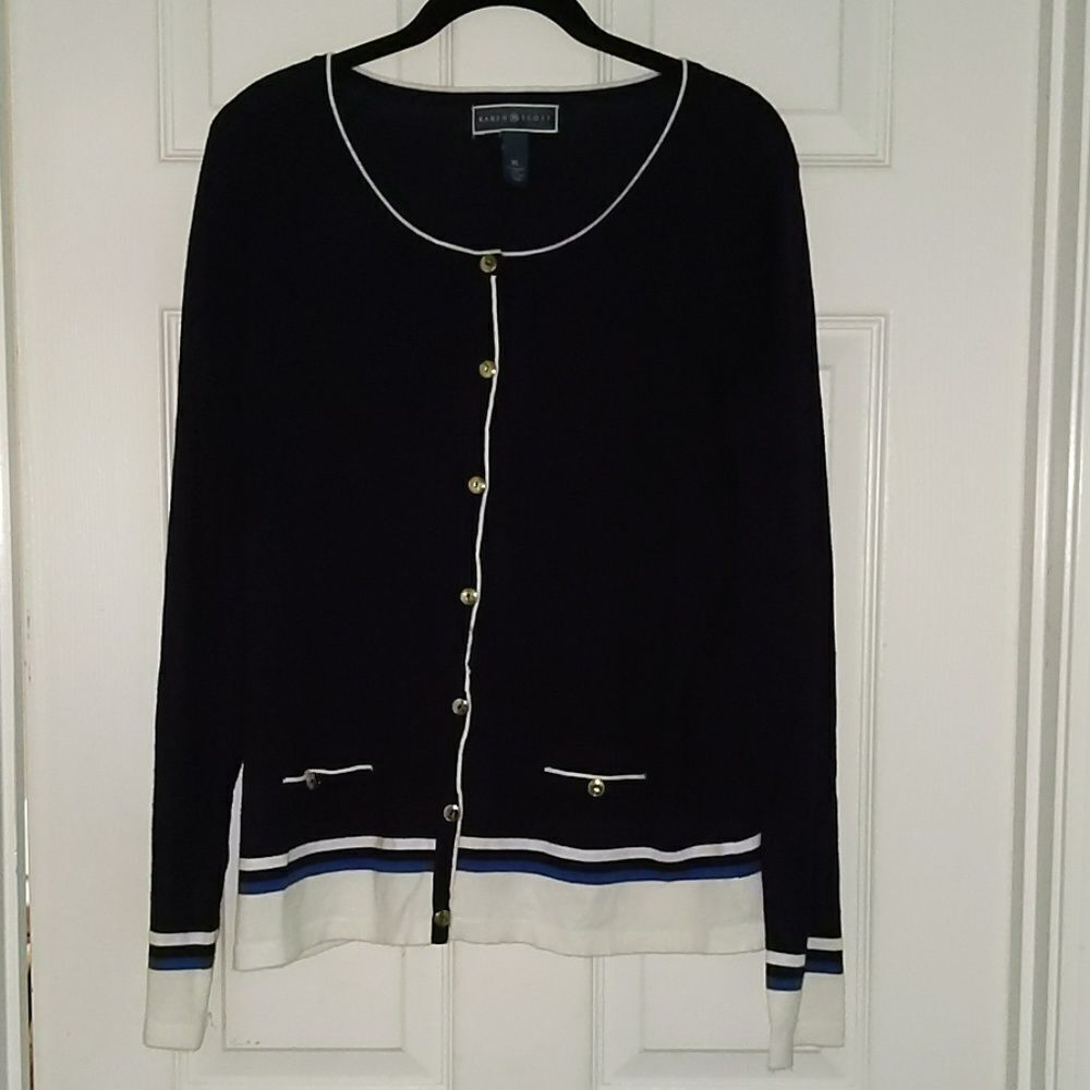 Karen Scott Navy and white cardigan Sz XL